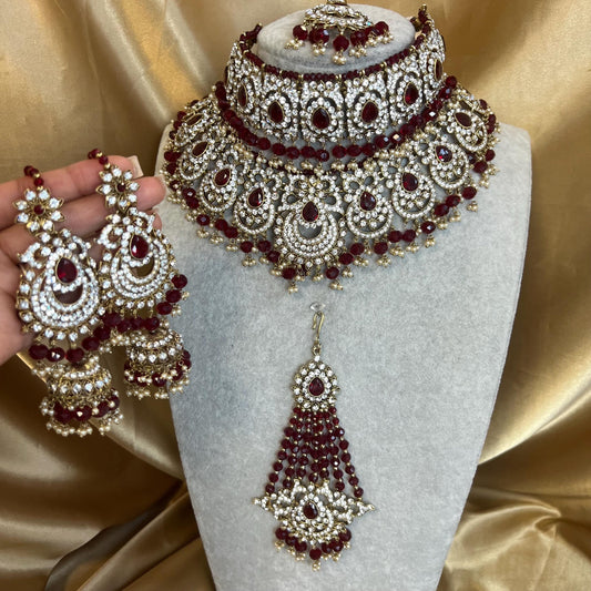 Maroon Bridal Choker Necklace set with Earring, Tikka and Jhumar Indian/ Pakistani Style/ Wedding/ Antique Gold/ Champagne Crystals