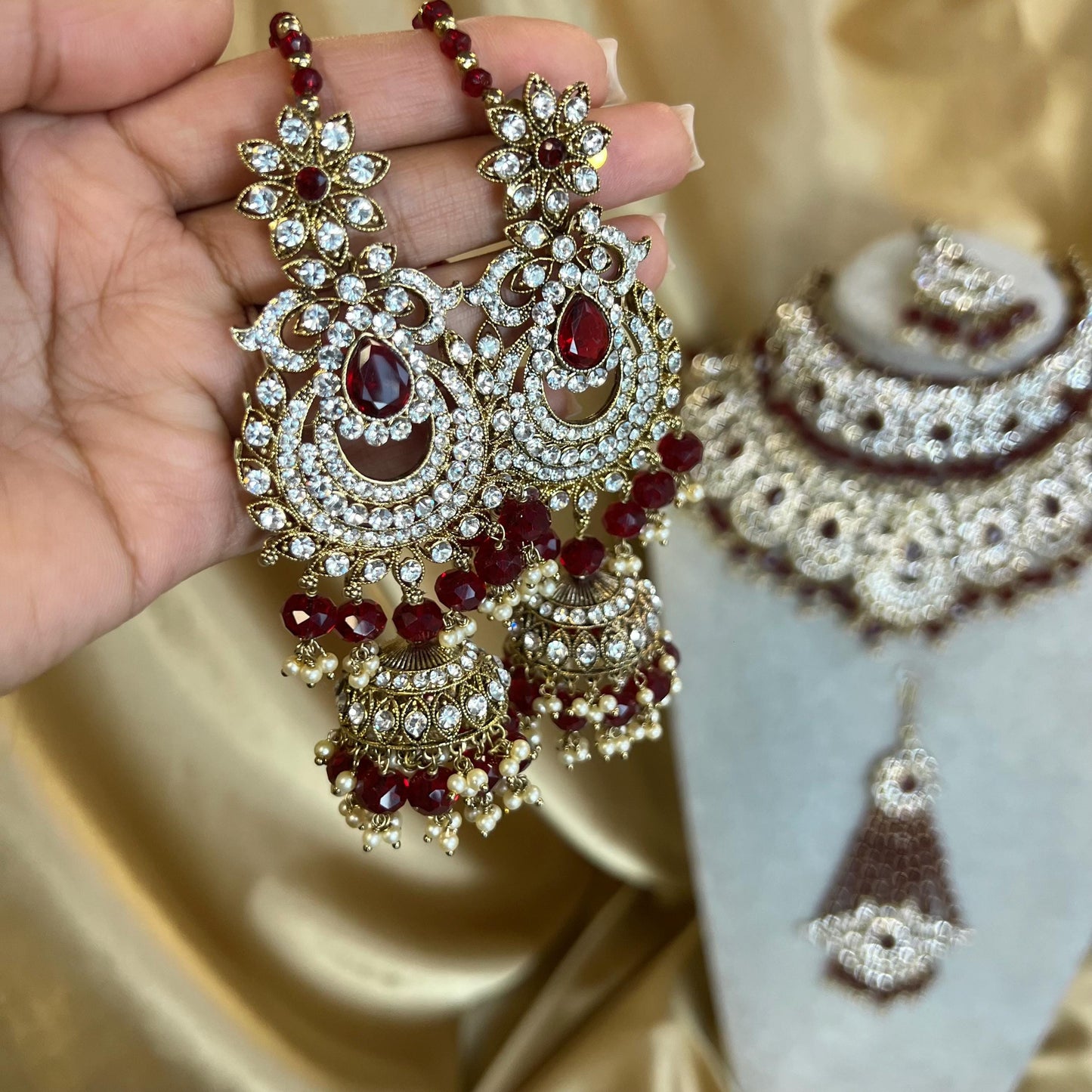 Maroon Bridal Choker Necklace set with Earring, Tikka and Jhumar Indian/ Pakistani Style/ Wedding/ Antique Gold/ Champagne Crystals
