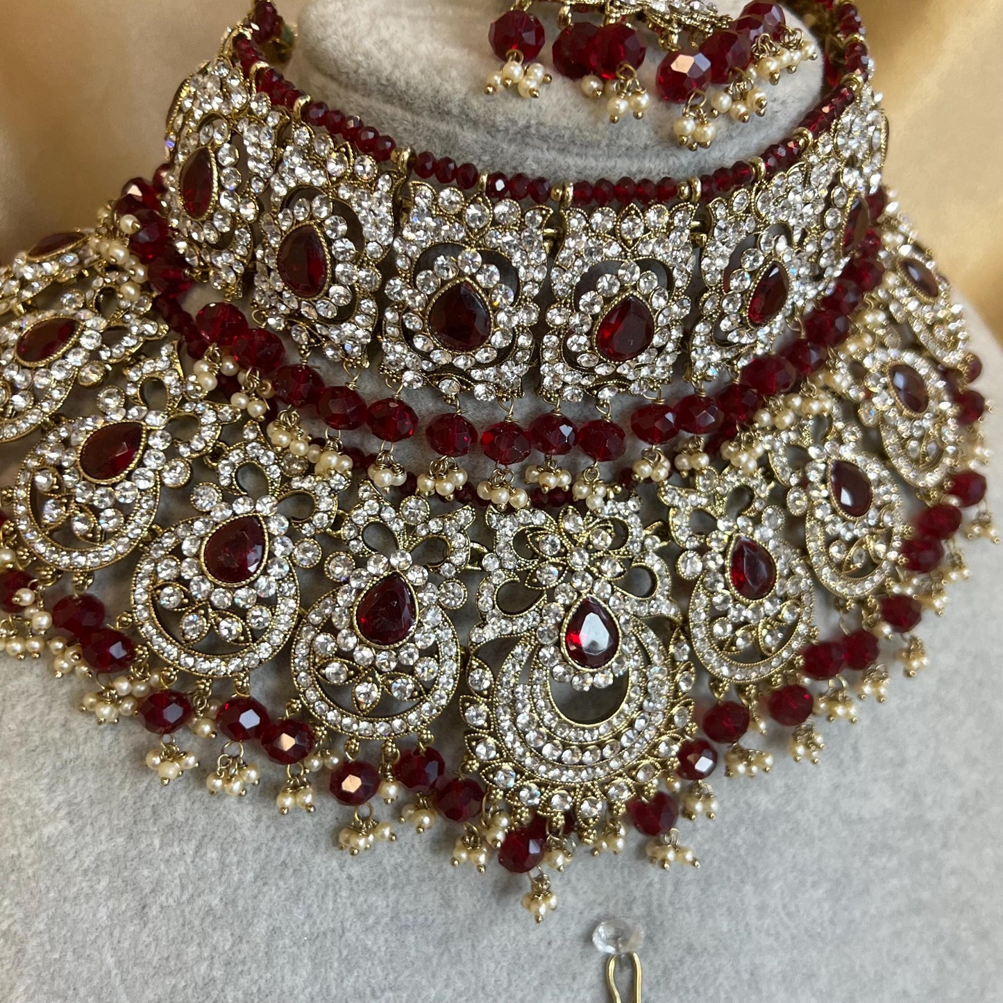 Maroon Bridal Choker Necklace set with Earring, Tikka and Jhumar Indian/ Pakistani Style/ Wedding/ Antique Gold/ Champagne Crystals