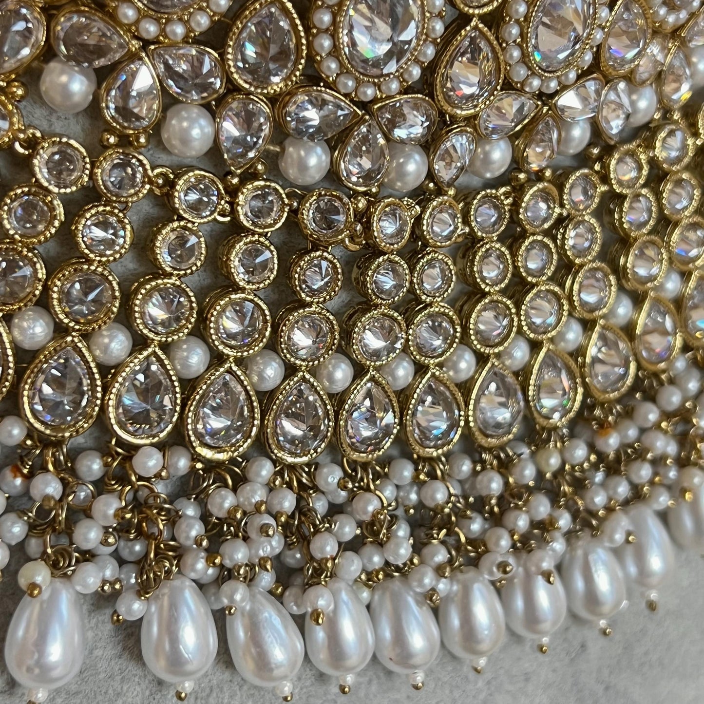 Large Antique Gold Clear Crystals Bridal Necklace set with Jhumka Earring and Tikka.  Indian/ Pakistani Style/ Wedding/ Fashion Jewellery