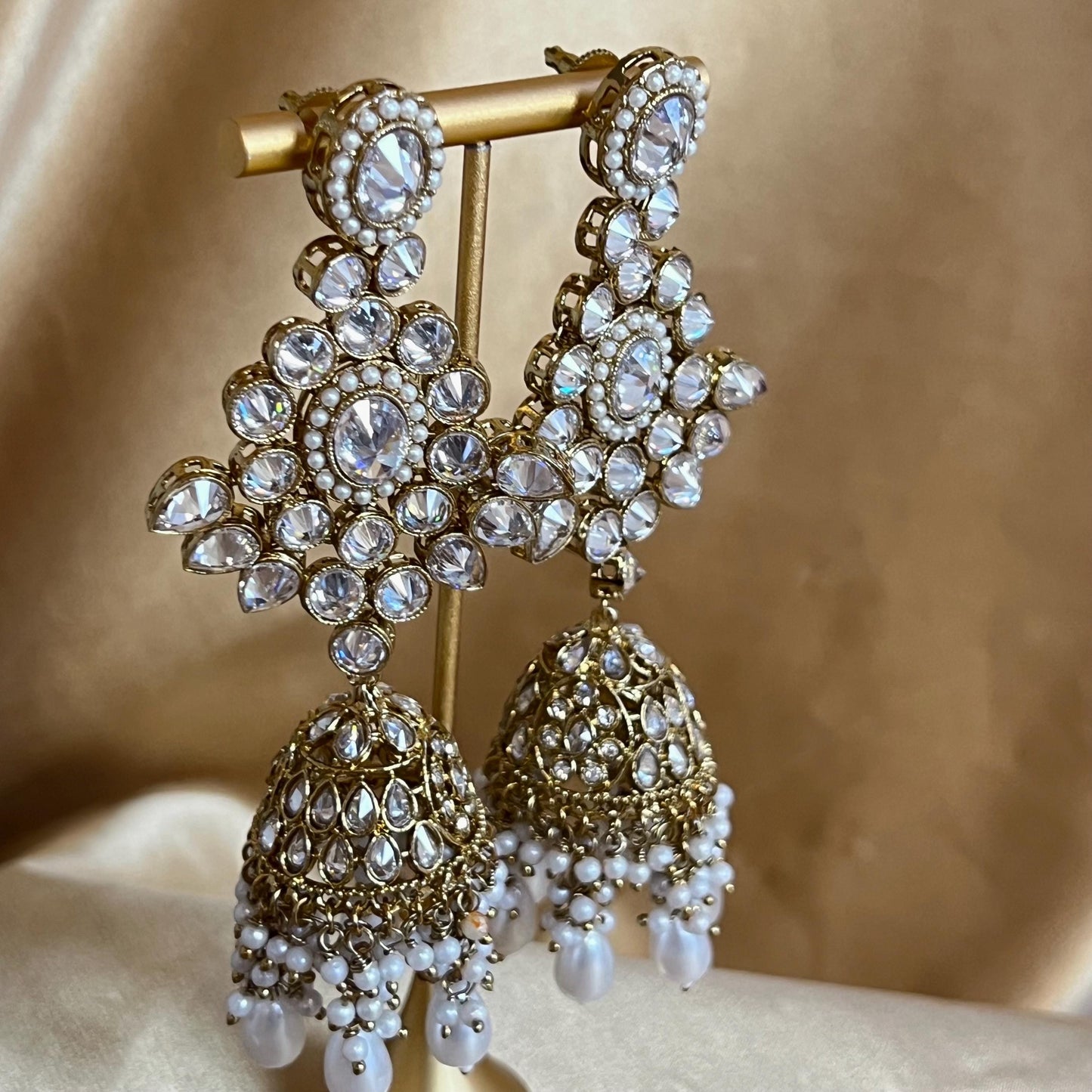 Large Antique Gold Clear Crystals Bridal Necklace set with Jhumka Earring and Tikka.  Indian/ Pakistani Style/ Wedding/ Fashion Jewellery