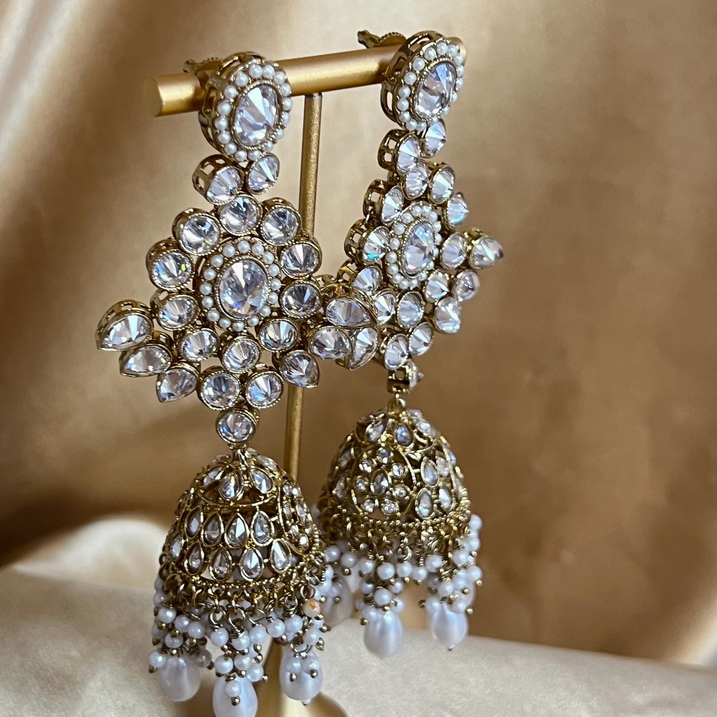 Large Antique Gold Clear Crystals Bridal Necklace set with Jhumka Earring and Tikka.  Indian/ Pakistani Style/ Wedding/ Fashion Jewellery