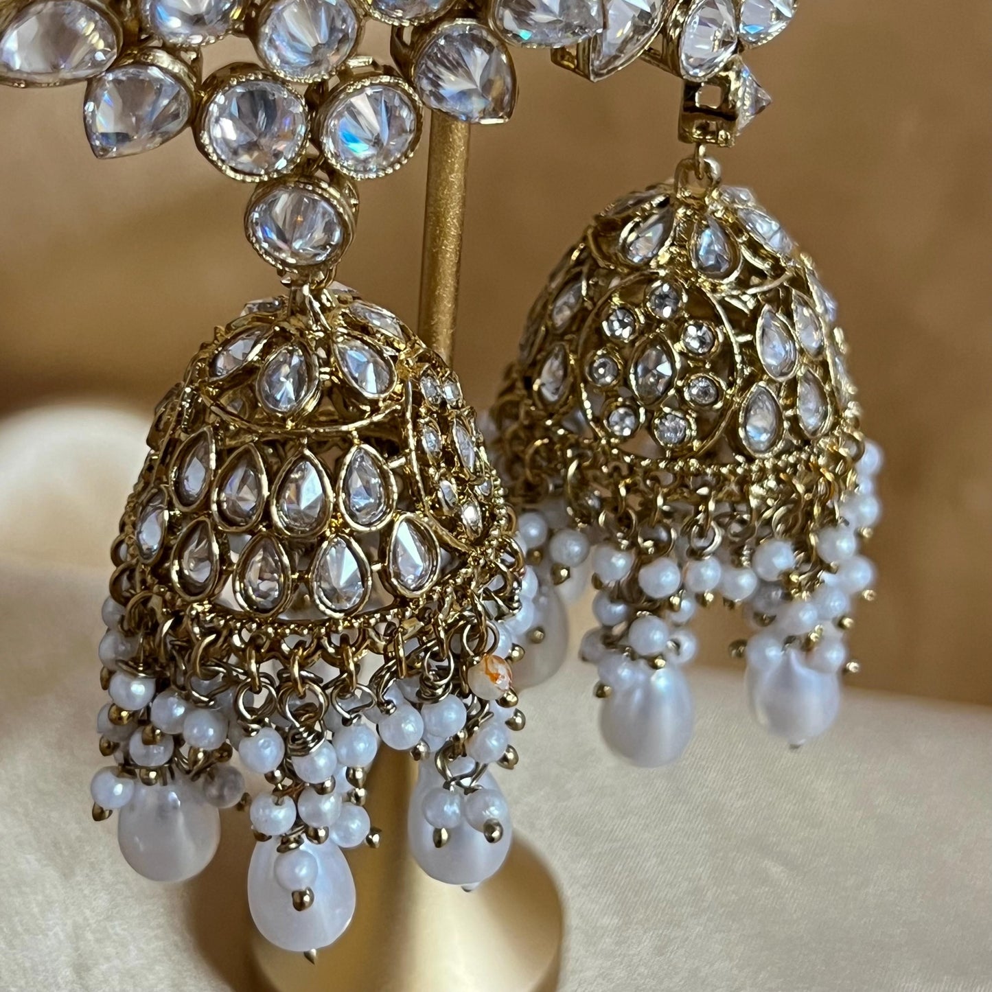 Large Antique Gold Clear Crystals Bridal Necklace set with Jhumka Earring and Tikka.  Indian/ Pakistani Style/ Wedding/ Fashion Jewellery