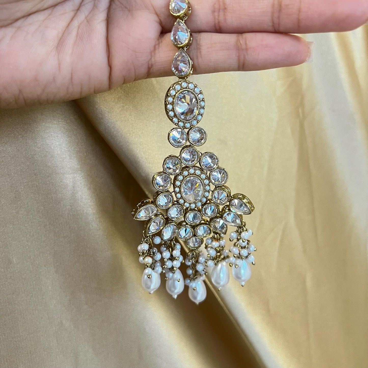 Large Antique Gold Clear Crystals Bridal Necklace set with Jhumka Earring and Tikka.  Indian/ Pakistani Style/ Wedding/ Fashion Jewellery