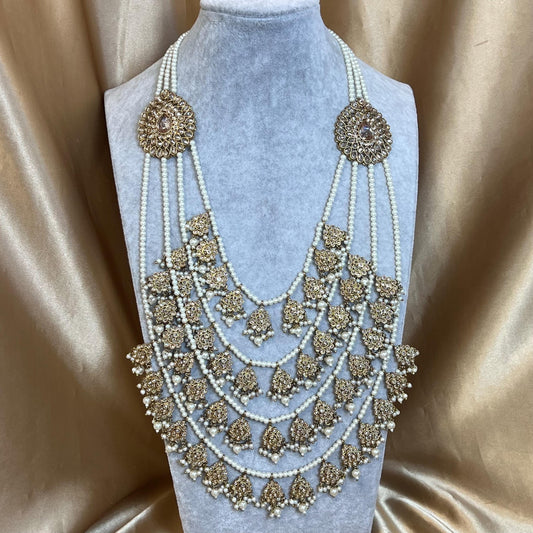 Antique Gold and Champagne 5 Layered pearl Long Mala/ Haar/ Long Necklace/ Unique Style/ Indian/ Pakistani/Fashion Jewellery/ Gift for Women