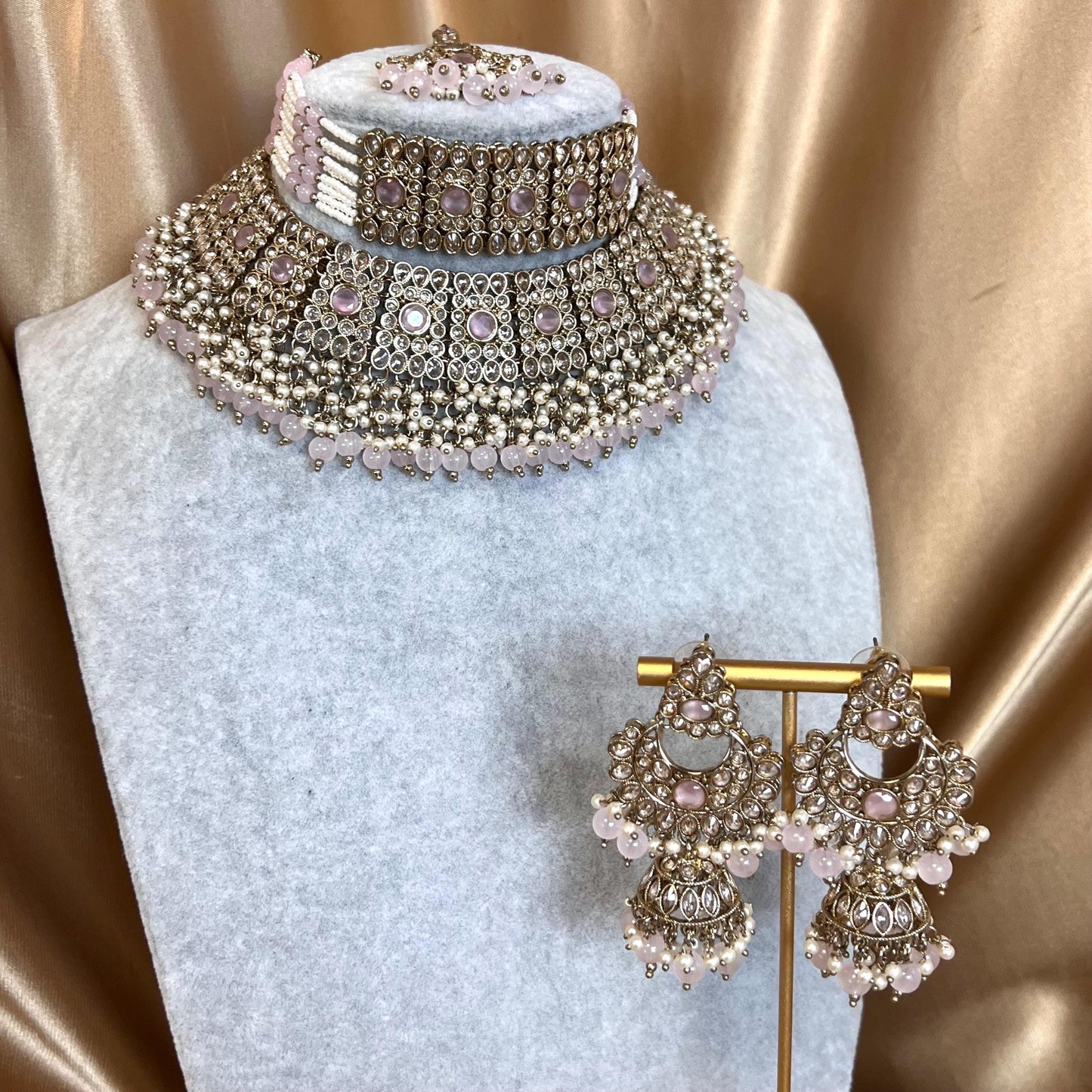Pink, Anique Golden and Champagne Zircon Crystal Double Choker Set - Pink Earring/PinkTikka/ Tikli/Indian/ Pakistani/Fashion Jewellery/ Gift