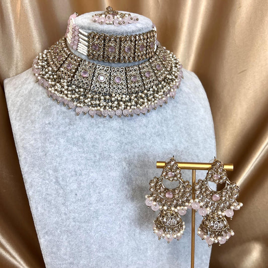 Pink, Anique Golden and Champagne Zircon Crystal Double Choker Set - Pink Earring/PinkTikka/ Tikli/Indian/ Pakistani/Fashion Jewellery/ Gift