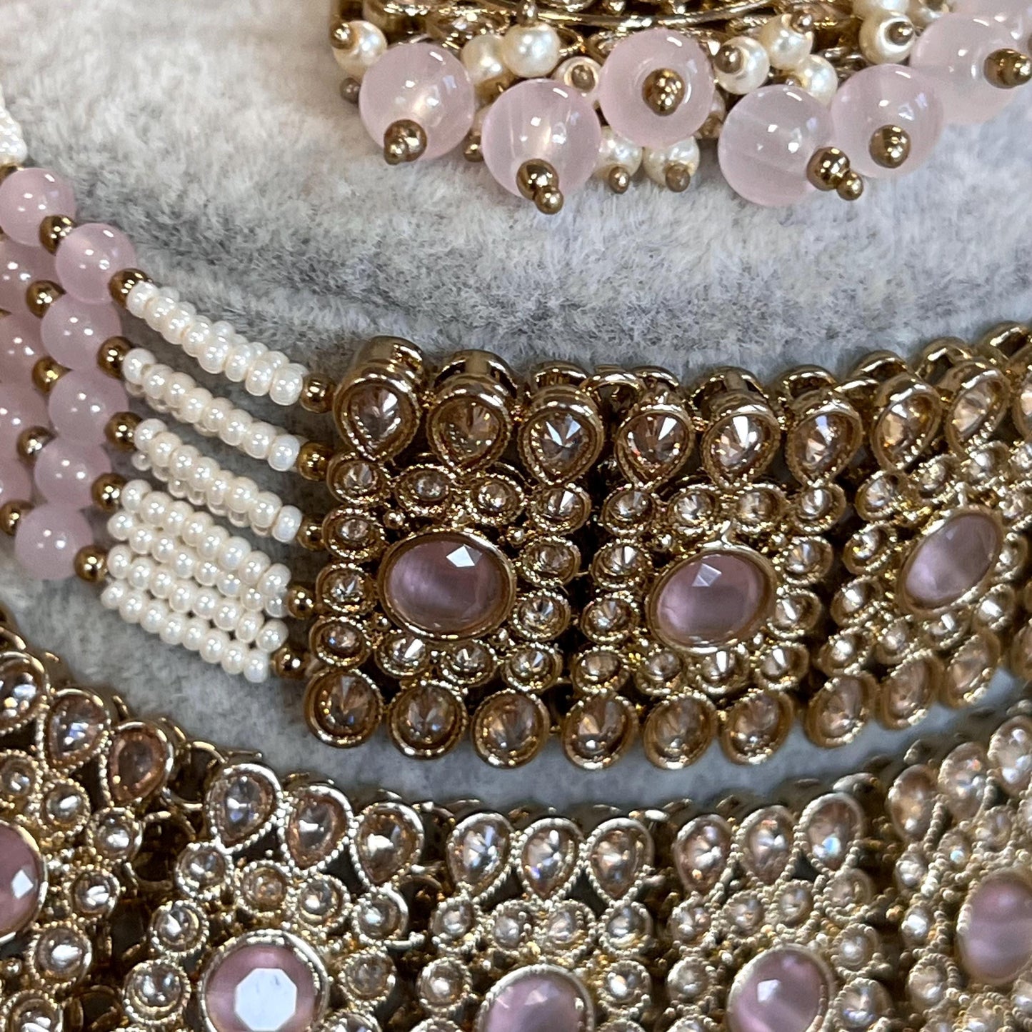 Pink, Anique Golden and Champagne Zircon Crystal Double Choker Set - Pink Earring/PinkTikka/ Tikli/Indian/ Pakistani/Fashion Jewellery/ Gift