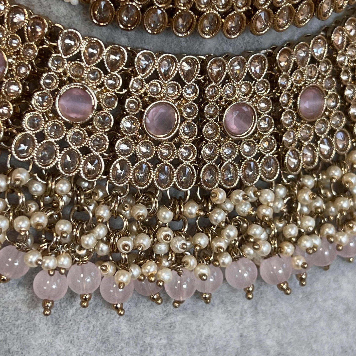 Pink, Anique Golden and Champagne Zircon Crystal Double Choker Set - Pink Earring/PinkTikka/ Tikli/Indian/ Pakistani/Fashion Jewellery/ Gift