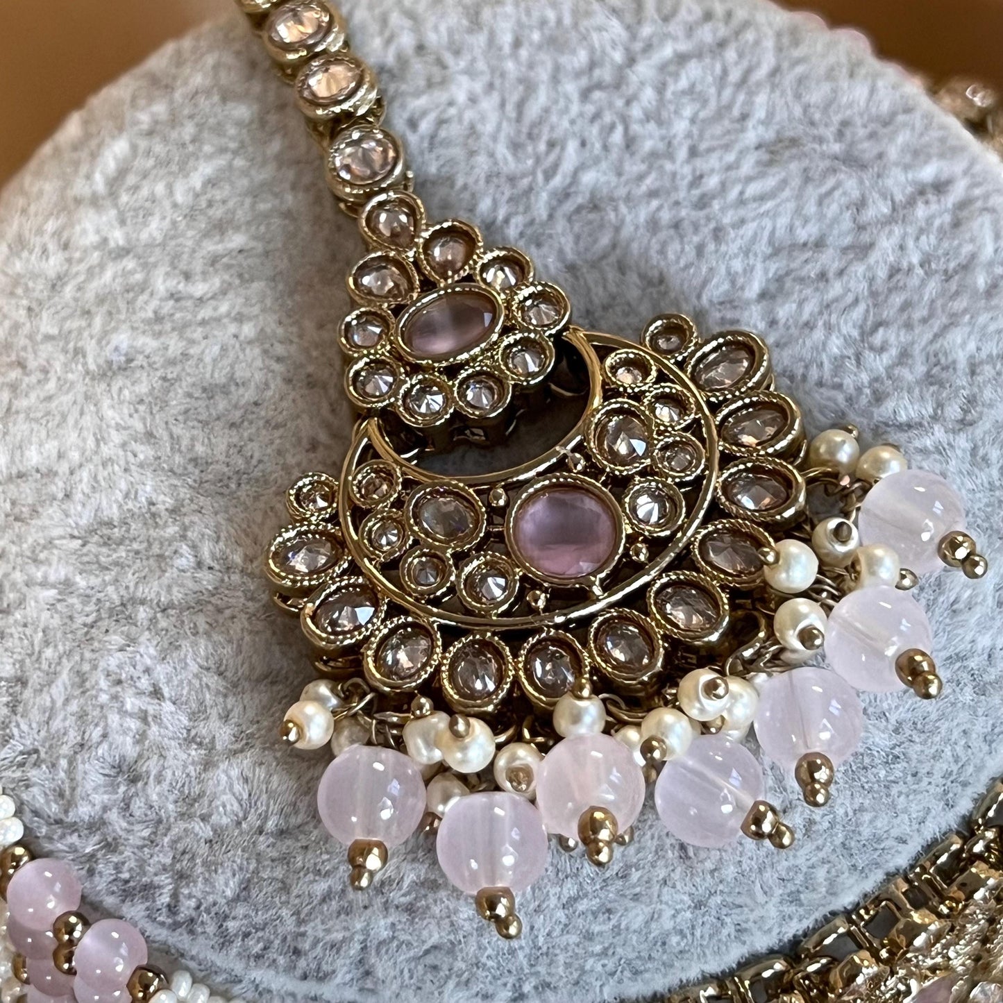 Pink, Anique Golden and Champagne Zircon Crystal Double Choker Set - Pink Earring/PinkTikka/ Tikli/Indian/ Pakistani/Fashion Jewellery/ Gift