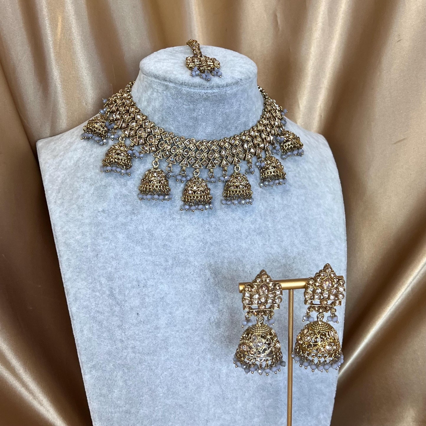 Grey Antique Gold with Champagne Zircon Crystals. Grey Necklace Set Jhumka Earring and Tikka/ Indian/ Pakistani/Fashion Jewellery/ Gift