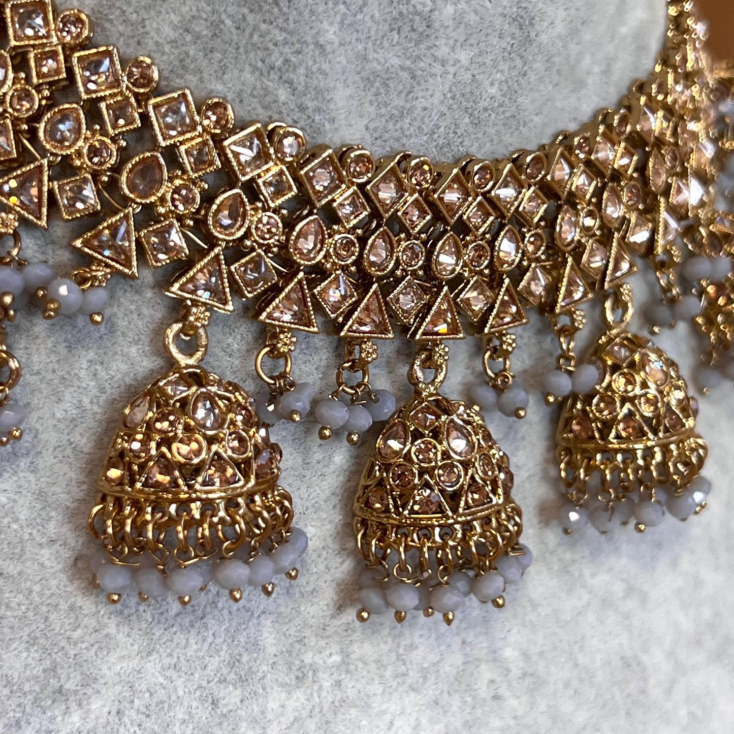 Grey Antique Gold with Champagne Zircon Crystals. Grey Necklace Set Jhumka Earring and Tikka/ Indian/ Pakistani/Fashion Jewellery/ Gift