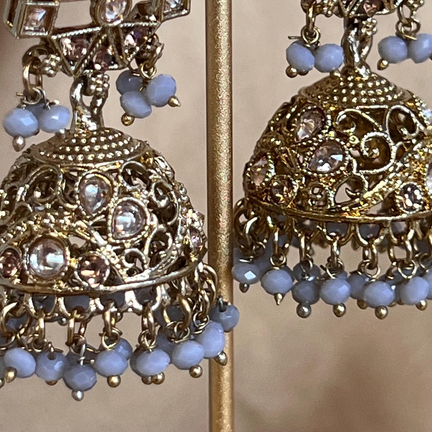 Grey Antique Gold with Champagne Zircon Crystals. Grey Necklace Set Jhumka Earring and Tikka/ Indian/ Pakistani/Fashion Jewellery/ Gift