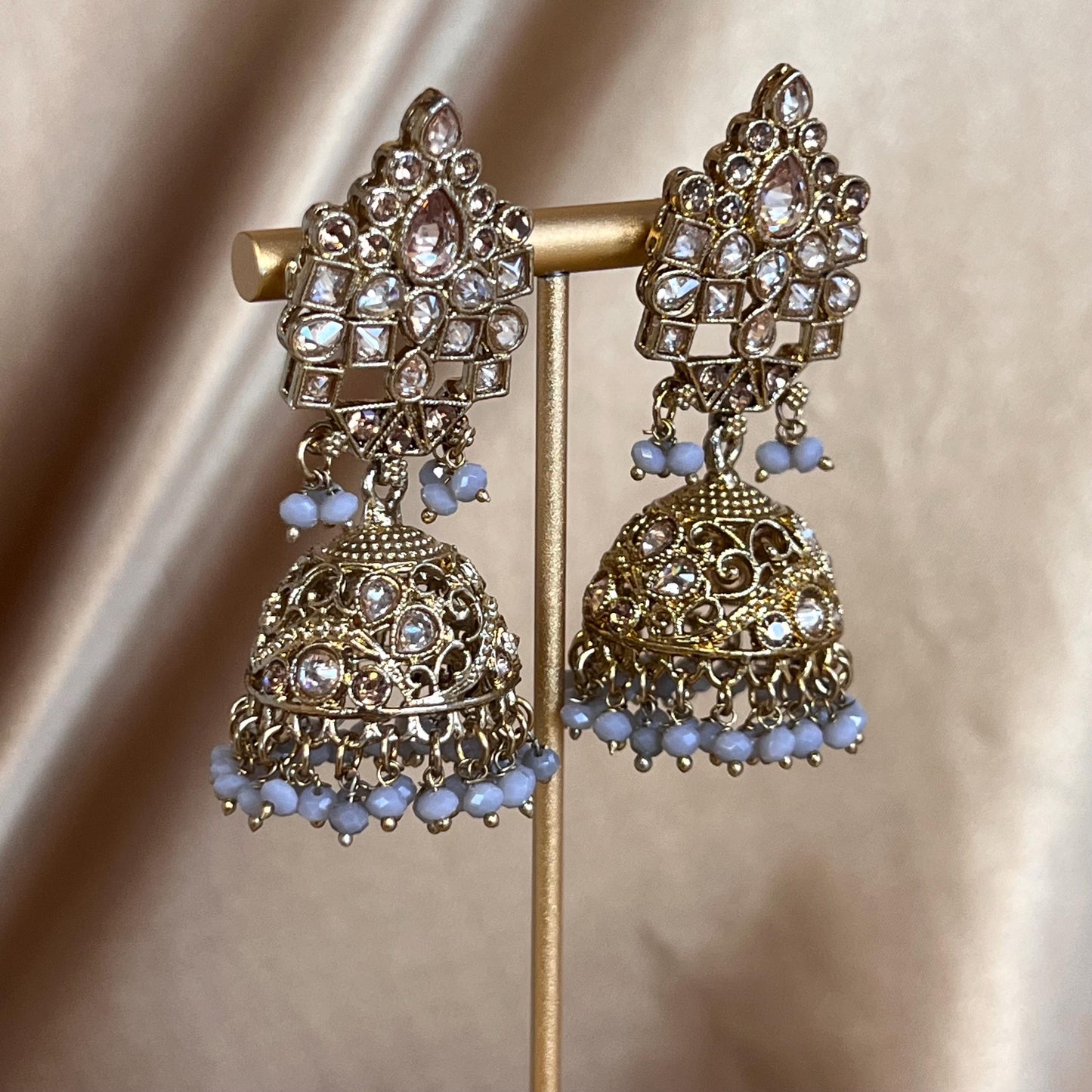 Grey Antique Gold with Champagne Zircon Crystals. Grey Necklace Set Jhumka Earring and Tikka/ Indian/ Pakistani/Fashion Jewellery/ Gift