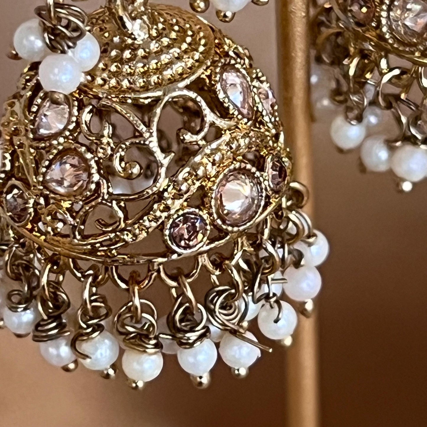 Pearl Antique Gold with Champagne Zircon Crystals.  Necklace Set Jhumka Earring and Tikka/ Indian/ Pakistani/Fashion Jewellery/ Gift