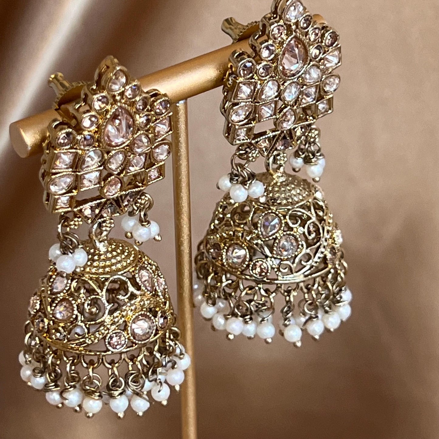 Pearl Antique Gold with Champagne Zircon Crystals.  Necklace Set Jhumka Earring and Tikka/ Indian/ Pakistani/Fashion Jewellery/ Gift