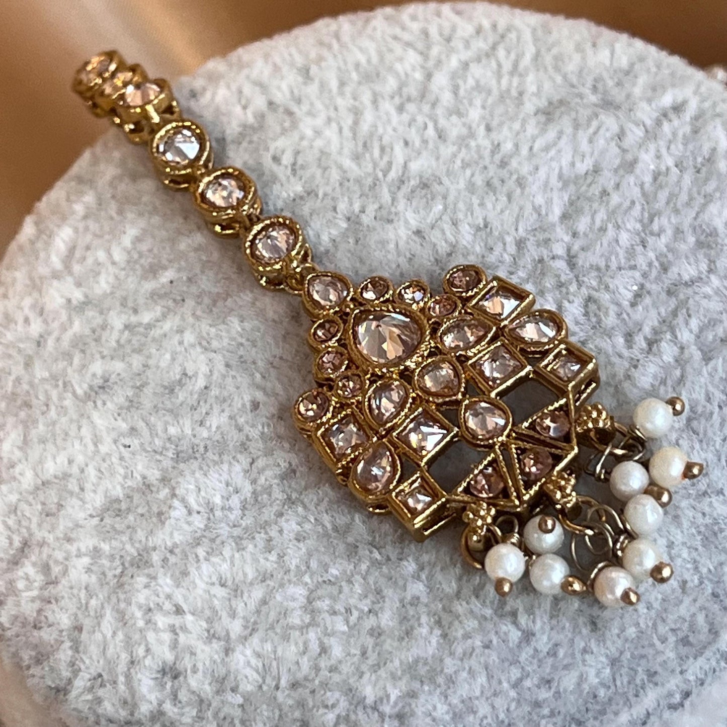 Pearl Antique Gold with Champagne Zircon Crystals.  Necklace Set Jhumka Earring and Tikka/ Indian/ Pakistani/Fashion Jewellery/ Gift