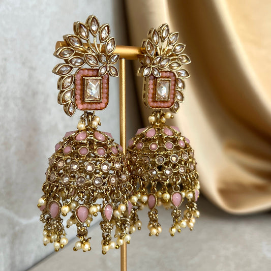 Pink Large Vine Leaf Jhumka Earrings - Indian Style Earring/Pakistani Fashion / Mendhi/Party/Haldi/ Diwali Gift/ Eid Gift