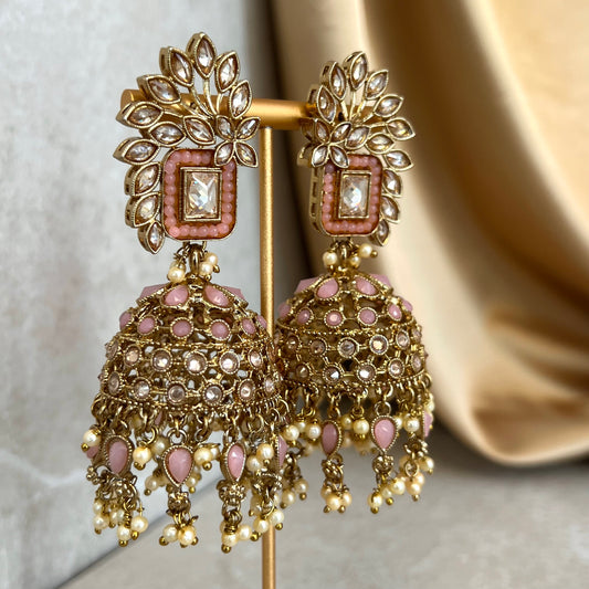 Pink Large Vine Leaf Jhumka Earrings - Indian Style Earring/Pakistani Fashion / Mendhi/Party/Haldi/ Diwali Gift/ Eid Gift