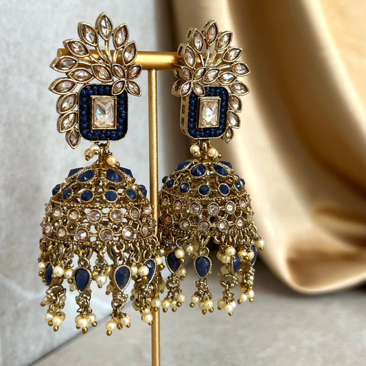 Navy Blue Large Vine Leaf Jhumka Earrings - Indian Style Earring/Pakistani Fashion/ Mendhi/Party/Haldi/ Diwali Gift/ Eid Gift