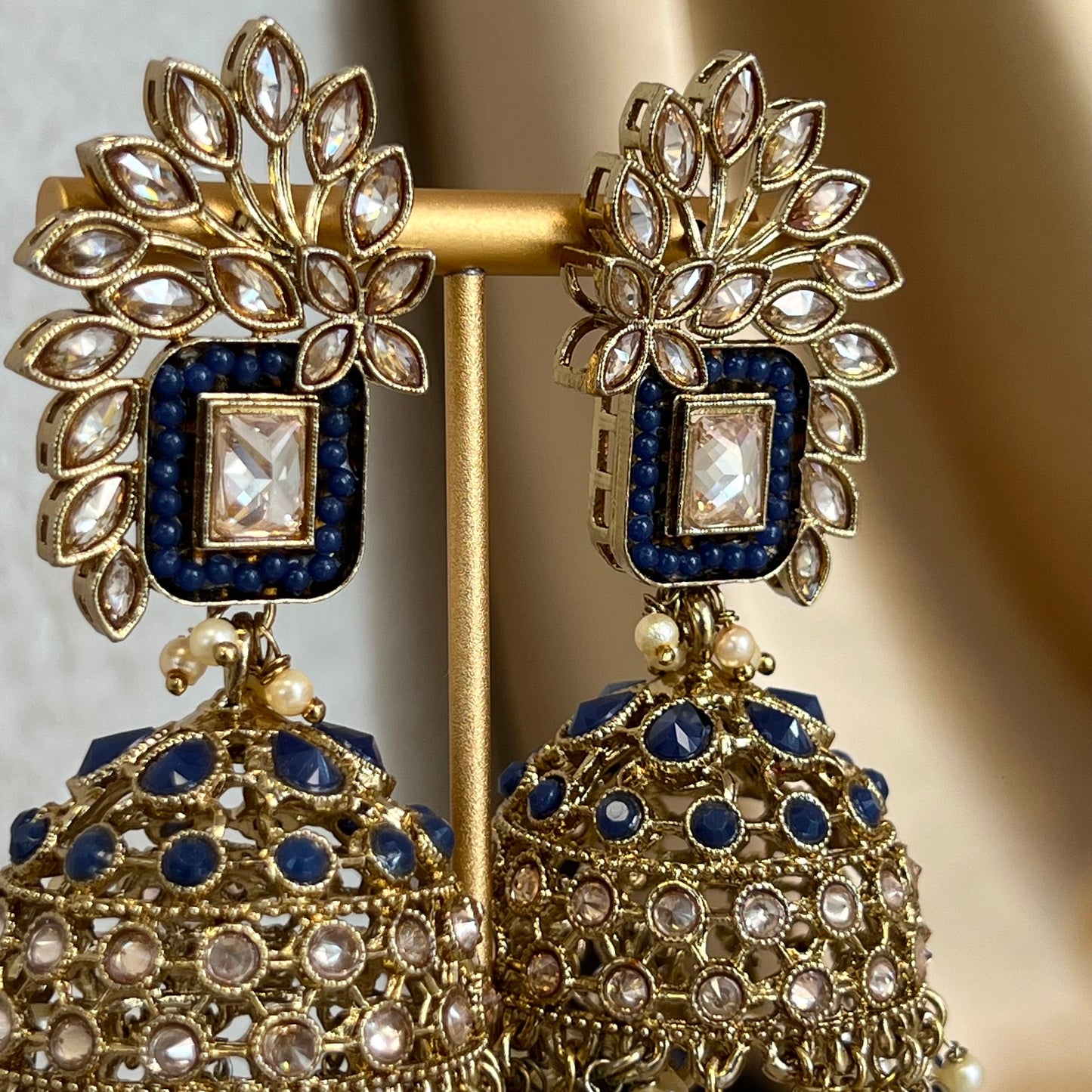 Navy Blue Large Vine Leaf Jhumka Earrings - Indian Style Earring/Pakistani Fashion/ Mendhi/Party/Haldi/ Diwali Gift/ Eid Gift