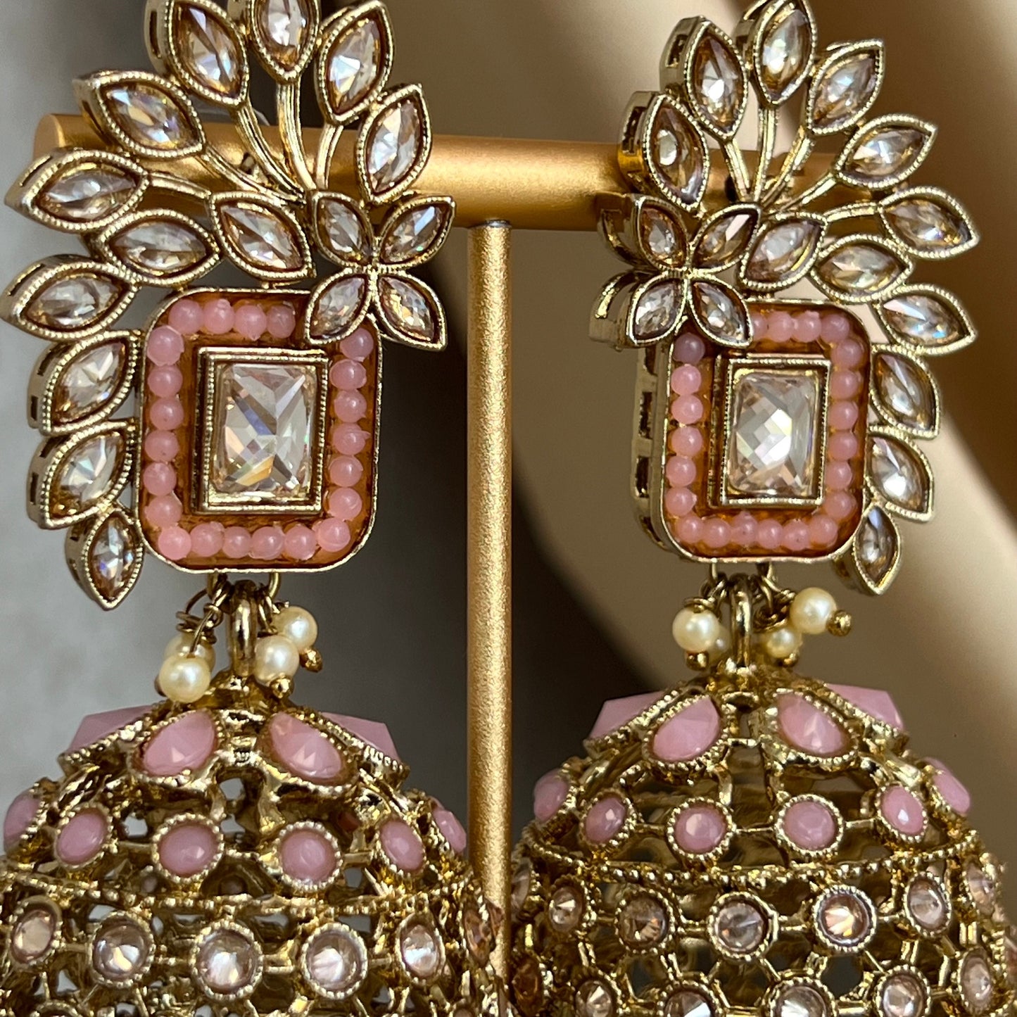 Pink Large Vine Leaf Jhumka Earrings - Indian Style Earring/Pakistani Fashion / Mendhi/Party/Haldi/ Diwali Gift/ Eid Gift