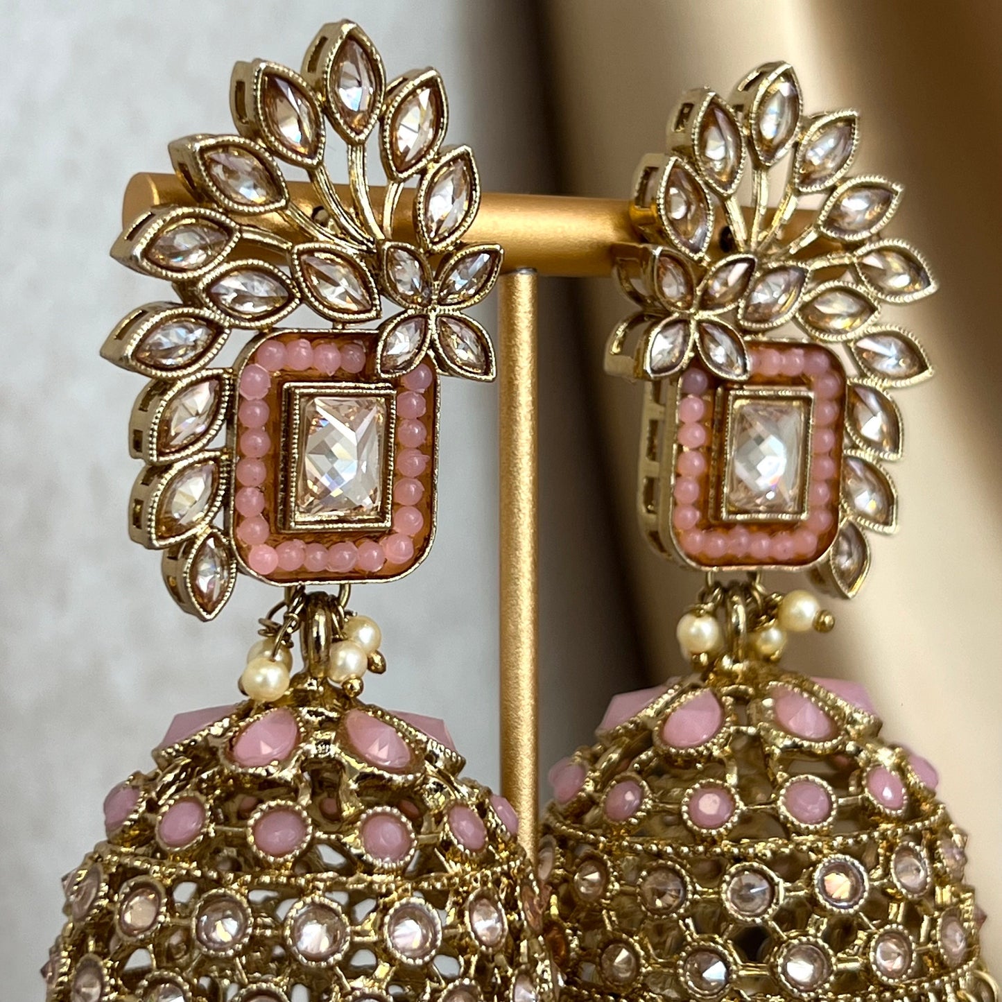 Pink Large Vine Leaf Jhumka Earrings - Indian Style Earring/Pakistani Fashion / Mendhi/Party/Haldi/ Diwali Gift/ Eid Gift