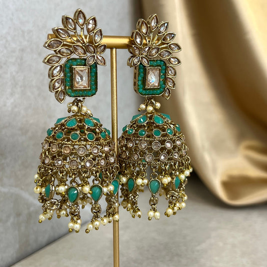 Teal Large Vine Leaf Jhumka Earrings - Indian Style Earring/Pakistani fashion/ Mendhi/Party/Haldi/ Diwali Gift/ Eid Gift