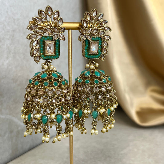 Teal Large Vine Leaf Jhumka Earrings - Indian Style Earring/Pakistani fashion/ Mendhi/Party/Haldi/ Diwali Gift/ Eid Gift