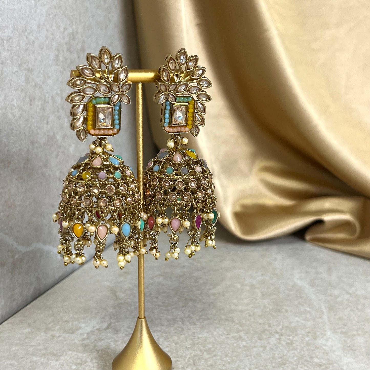 Multicolour Pastel Large Vine Leaf Jhumka Earrings - Indian Style Earring/Pakistani fashion/ Mendhi/Party/Haldi/ Diwali Gift/ Eid Gift