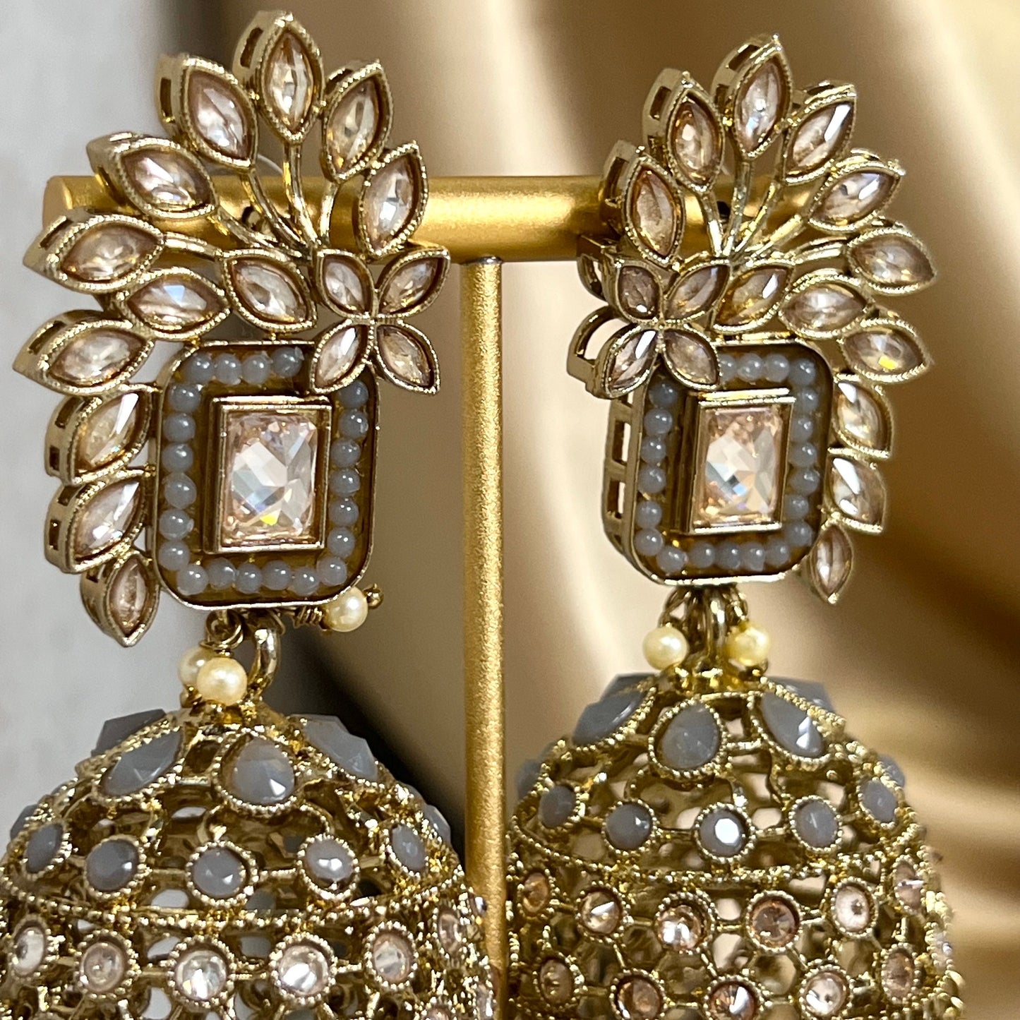 Grey Large Vine Leaf Jhumka Earrings - Indian Style Earring/Pakistani fashion/ Mendhi/Party/Haldi/ Diwali Gift/ Eid Gift