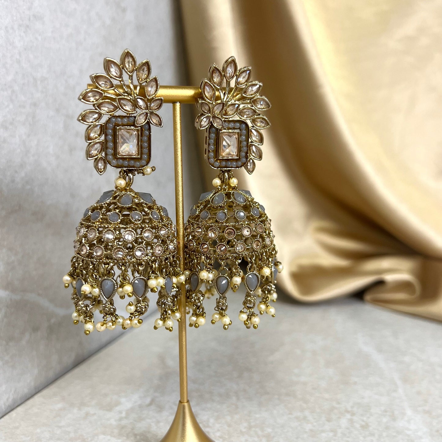 Grey Large Vine Leaf Jhumka Earrings - Indian Style Earring/Pakistani fashion/ Mendhi/Party/Haldi/ Diwali Gift/ Eid Gift