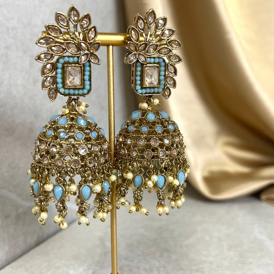 Blue/ Light Blue Large Vine Leaf Jhumka Earrings - Indian Style Earring/Pakistani fashion/ Mendhi/Party/Haldi/ Diwali Gift/ Eid Gift