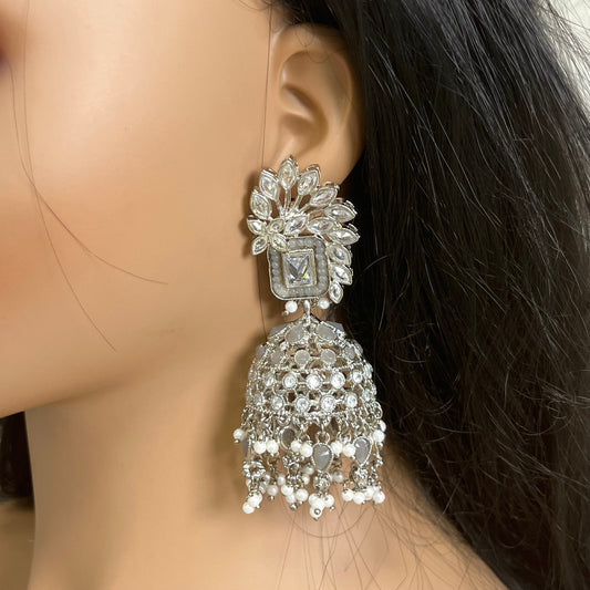 Silver Zircon Crystal Large Vine Leaf Jhumka Earrings - Indian Style Earring/Pakistani Fashion/ Mendhi/Party/Haldi/ Diwali Gift/ Eid Gift