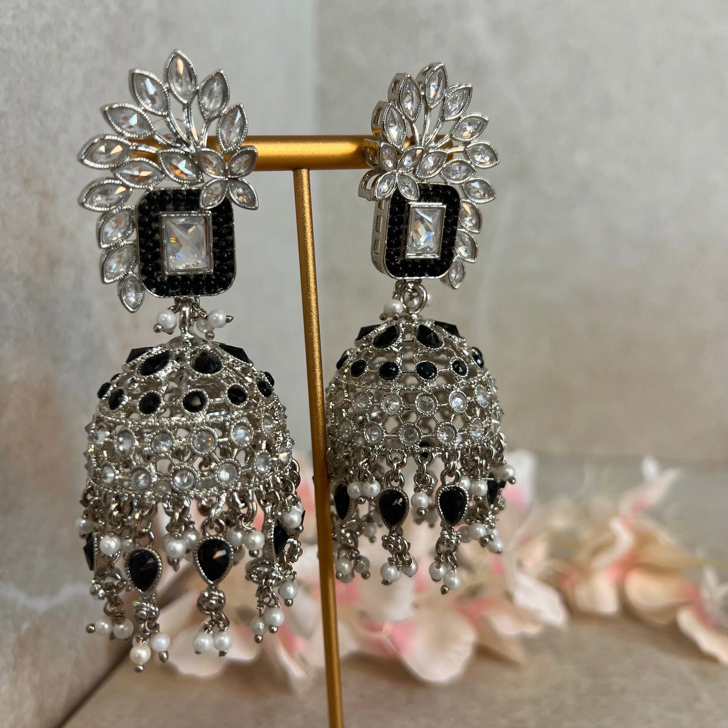 Black/ Zircon Crystal Large Vine Leaf Jhumka Earrings - Indian Style Earring/Pakistani Fashion/ Mendhi/Party/Haldi/ Diwali Gift/ Eid Gift