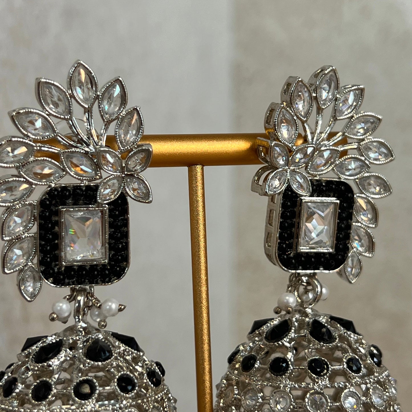 Black/ Zircon Crystal Large Vine Leaf Jhumka Earrings - Indian Style Earring/Pakistani Fashion/ Mendhi/Party/Haldi/ Diwali Gift/ Eid Gift