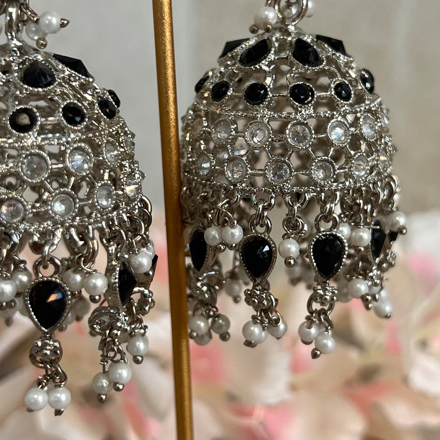 Black/ Zircon Crystal Large Vine Leaf Jhumka Earrings - Indian Style Earring/Pakistani Fashion/ Mendhi/Party/Haldi/ Diwali Gift/ Eid Gift