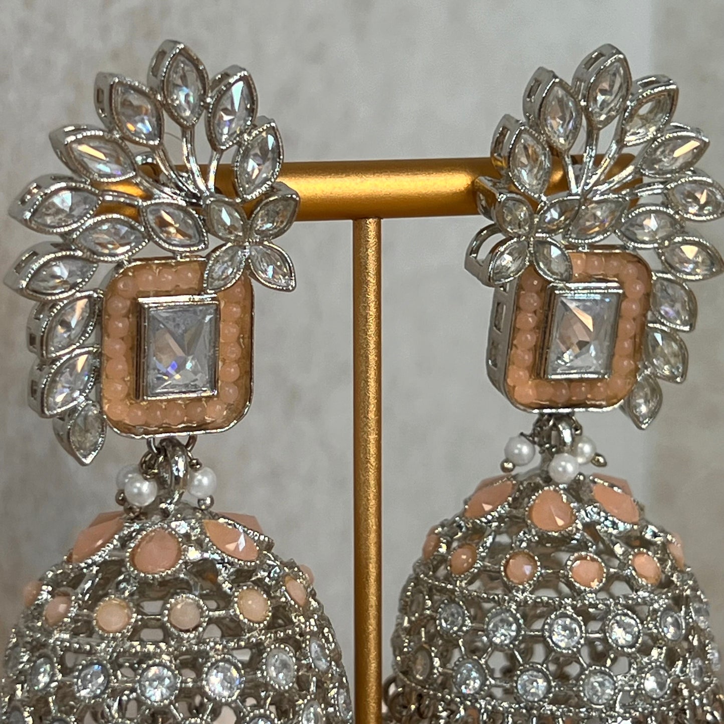 Peach/ Zircon Crystal Large Vine Leaf Jhumka Earrings - Indian Style Earring/Pakistani Fashion/ Mendhi/Party/Haldi/ Diwali Gift/ Eid Gift