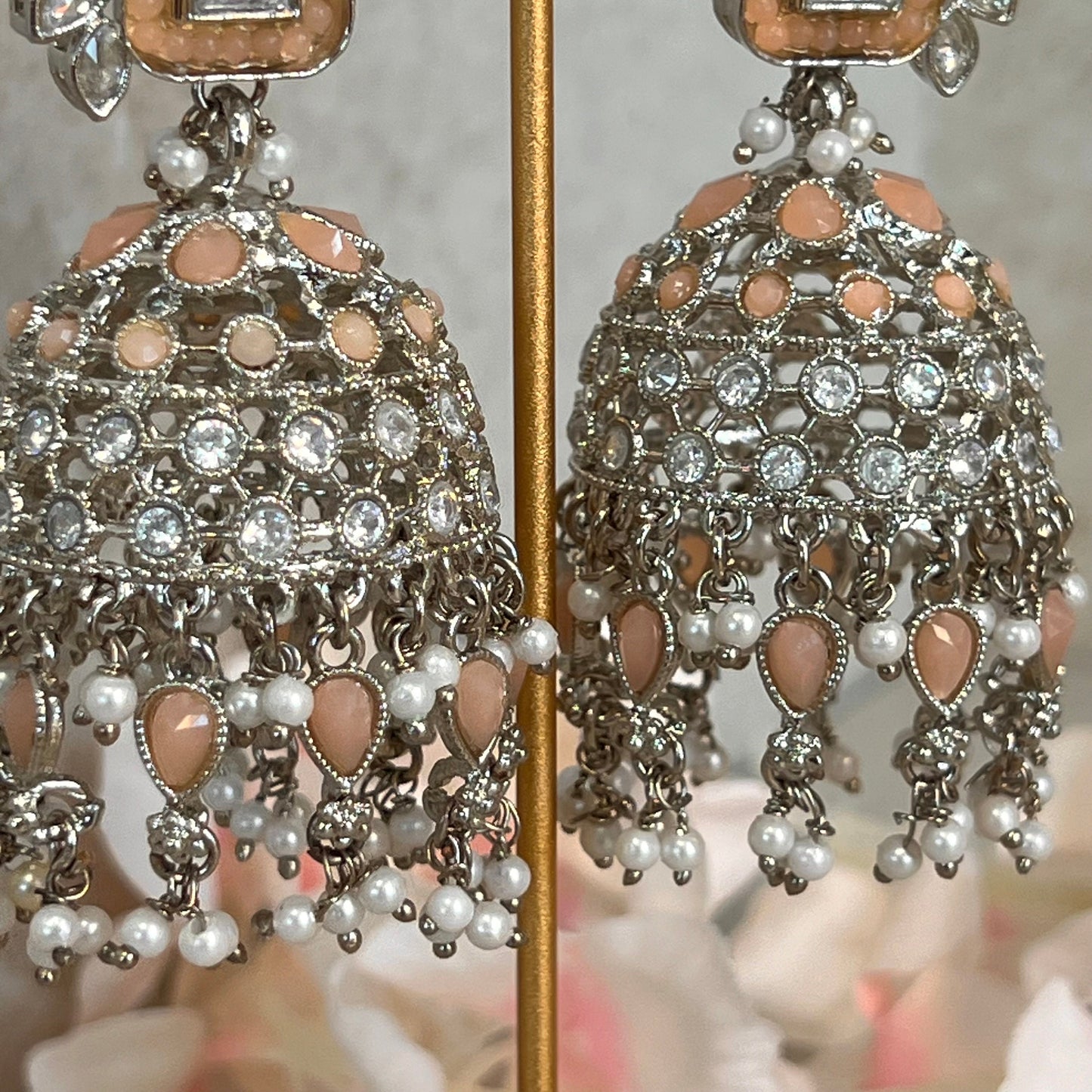 Peach/ Zircon Crystal Large Vine Leaf Jhumka Earrings - Indian Style Earring/Pakistani Fashion/ Mendhi/Party/Haldi/ Diwali Gift/ Eid Gift