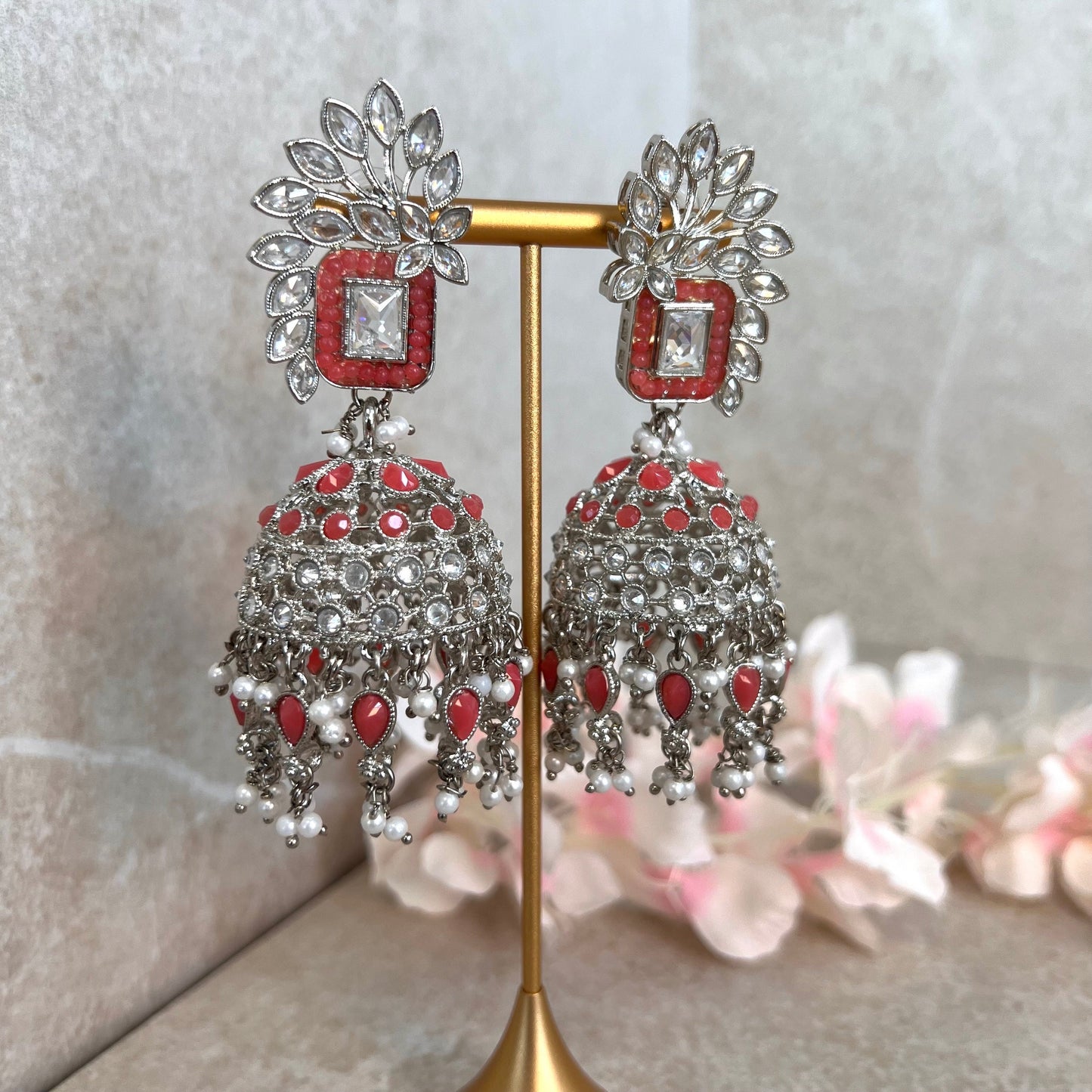 Coral/ Zircon Crystal Large Vine Leaf Jhumka Earrings - Indian Style Earring/Pakistani Fashion/ Mendhi/Party/Haldi/ Diwali Gift/ Eid Gift