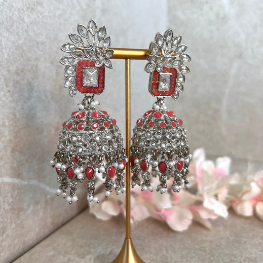 Coral/ Zircon Crystal Large Vine Leaf Jhumka Earrings - Indian Style Earring/Pakistani Fashion/ Mendhi/Party/Haldi/ Diwali Gift/ Eid Gift