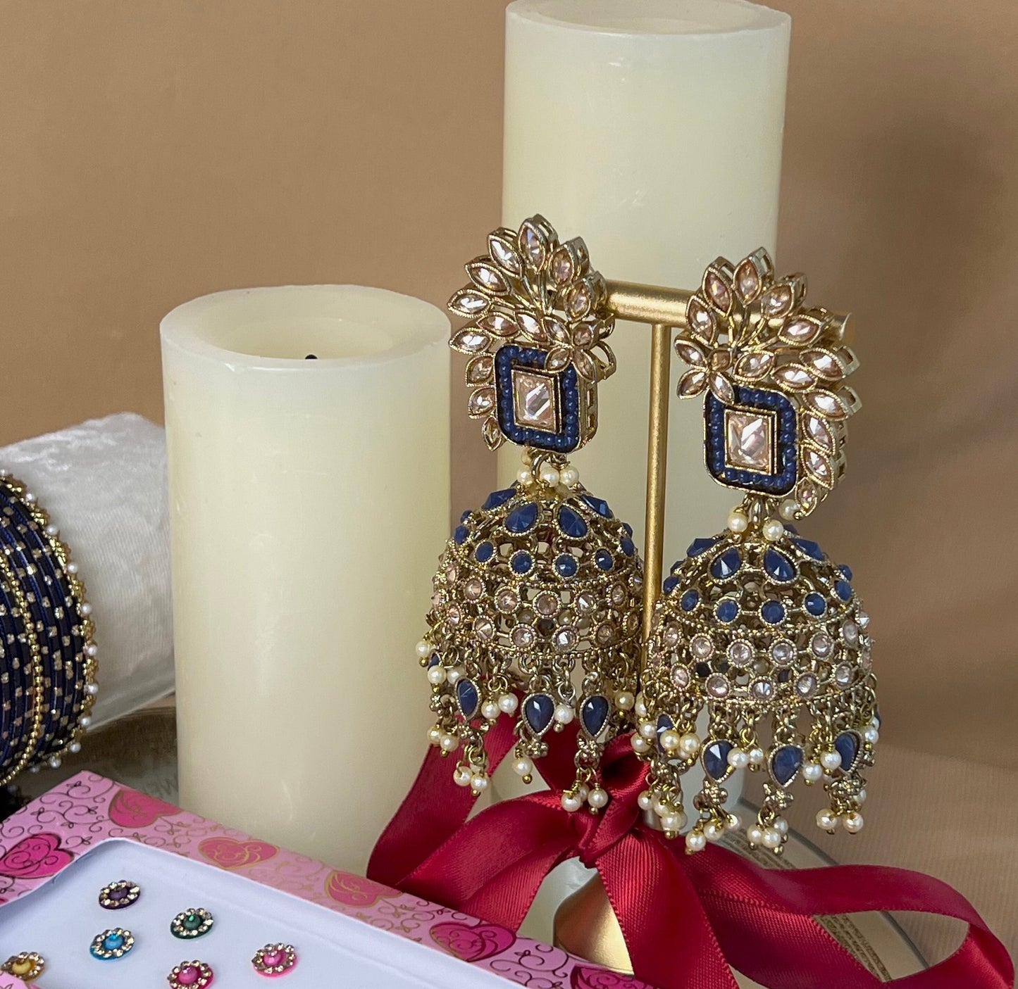Gift Set For Her - Navy Jhumka Earrings, Small Bangles Set & Pack of Multicolour Bindi Pack/Indian Jewellery Gift Set/Valentines gifts
