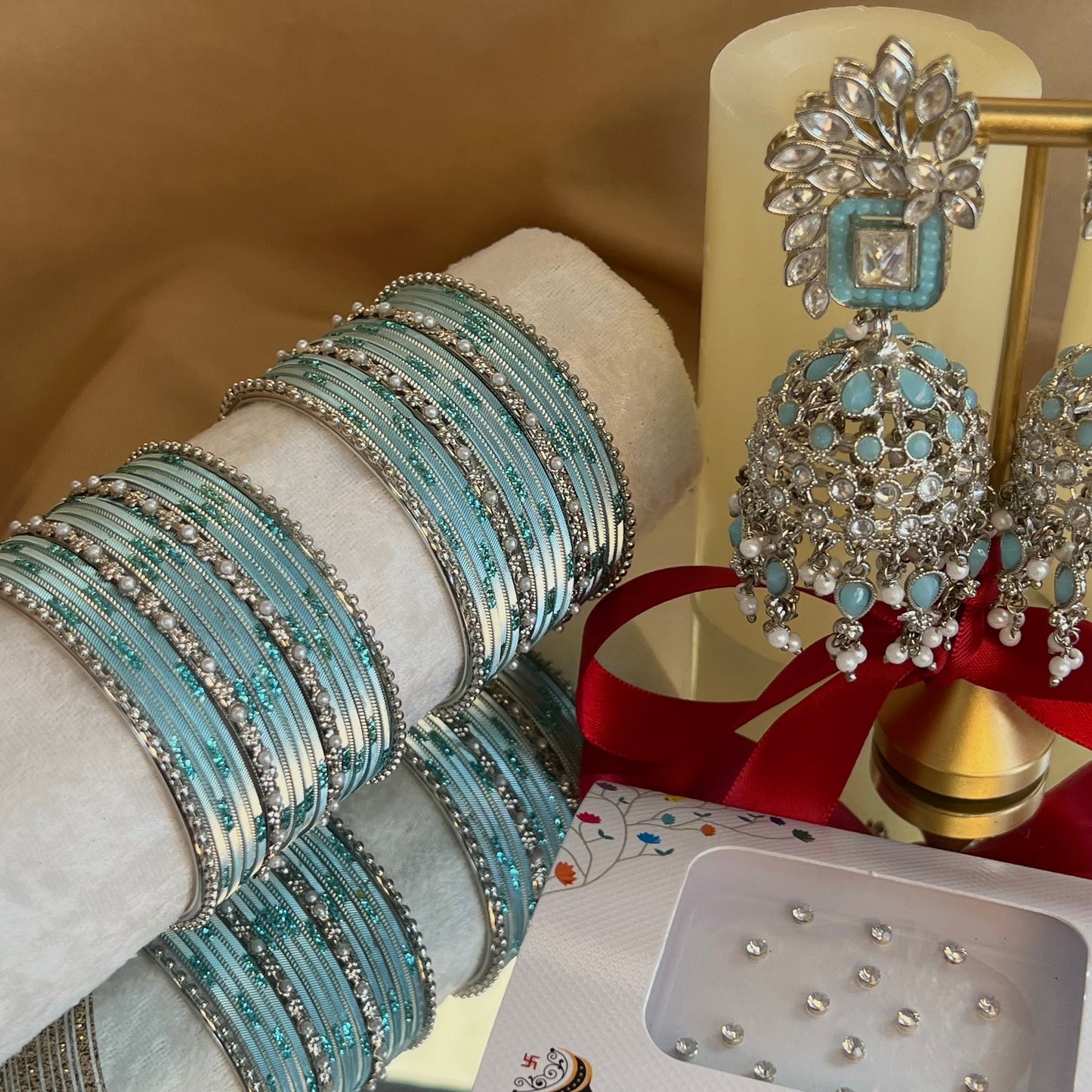 Gift Set For Her - Silver/Blue Jhumka Earrings, Silver/Blue Small Bangles Set/Silver Bindi Pack/Indian Jewellery Gift Set