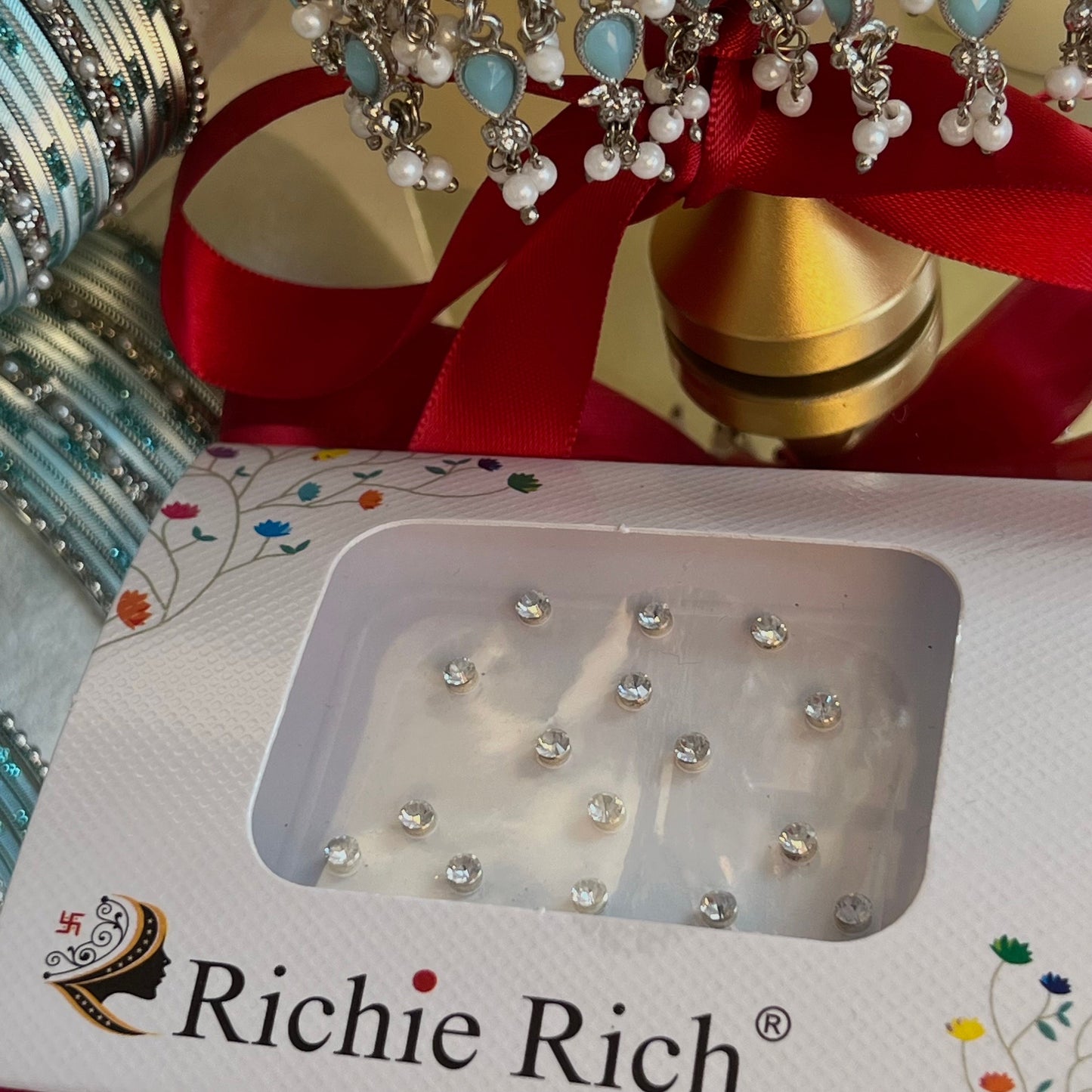 Gift Set For Her - Silver/Blue Jhumka Earrings, Silver/Blue Small Bangles Set/Silver Bindi Pack/Indian Jewellery Gift Set