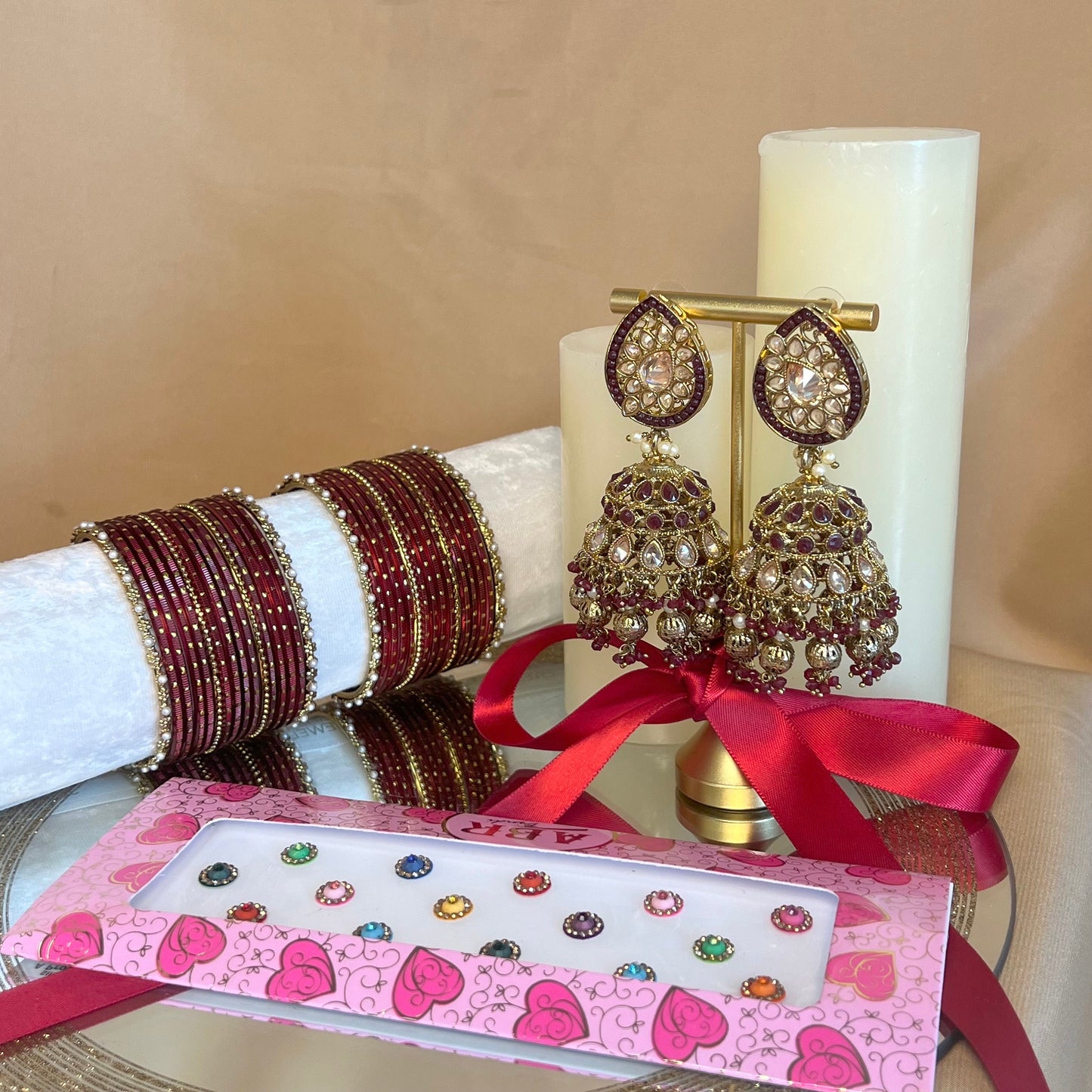 Gift Set For Her - Maroon Jhumka Earrings, Maroon Small Bangles Set/Multicolour Bindi Pack/Indian Jewellery Gift Set/Valentines gifts