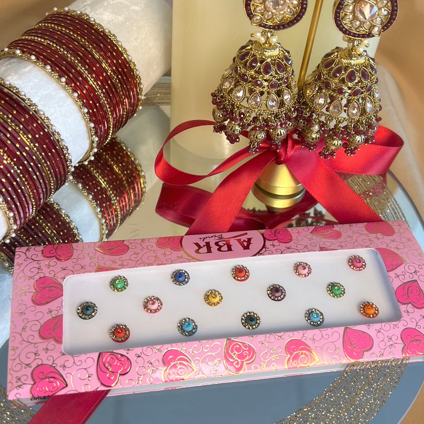 Gift Set For Her - Maroon Jhumka Earrings, Maroon Small Bangles Set/Multicolour Bindi Pack/Indian Jewellery Gift Set/Valentines gifts