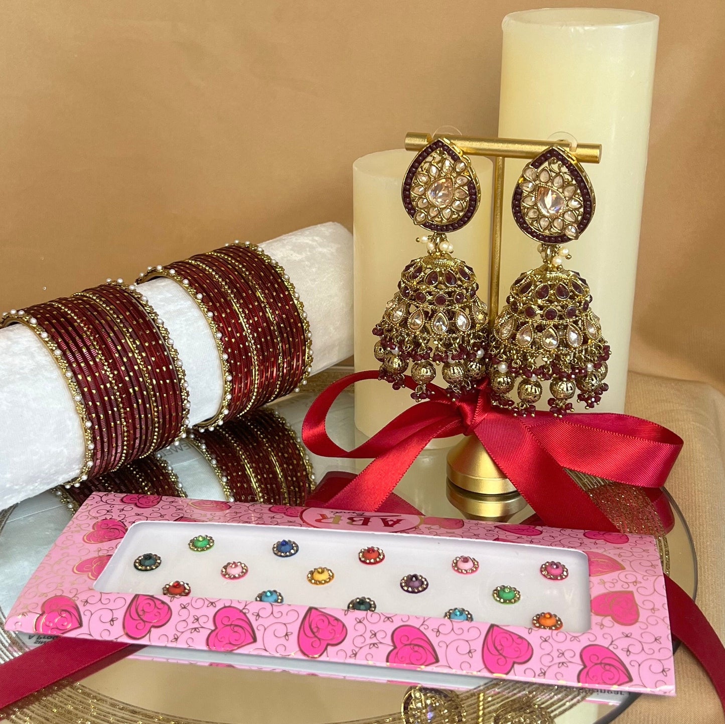 Gift Set For Her - Maroon Jhumka Earrings, Maroon Small Bangles Set/Multicolour Bindi Pack/Indian Jewellery Gift Set/Valentines gifts