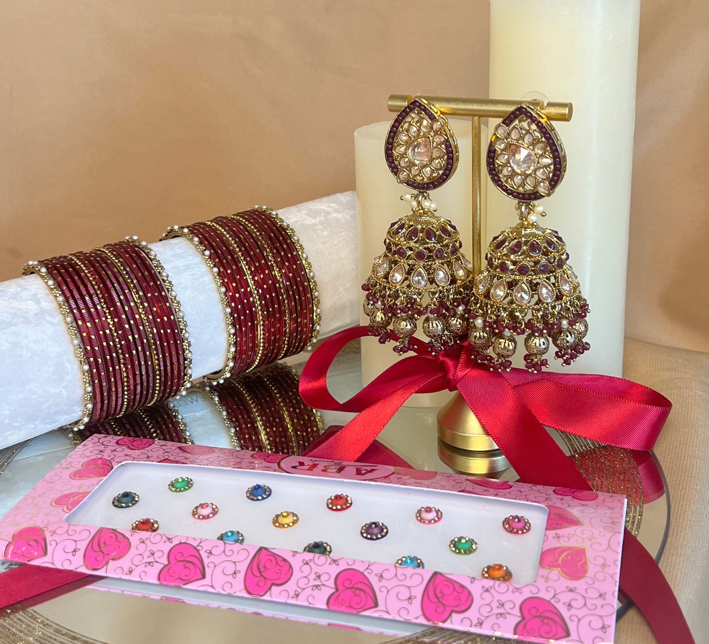 Gift Set For Her - Maroon Jhumka Earrings, Maroon Small Bangles Set/Multicolour Bindi Pack/Indian Jewellery Gift Set/Valentines gifts