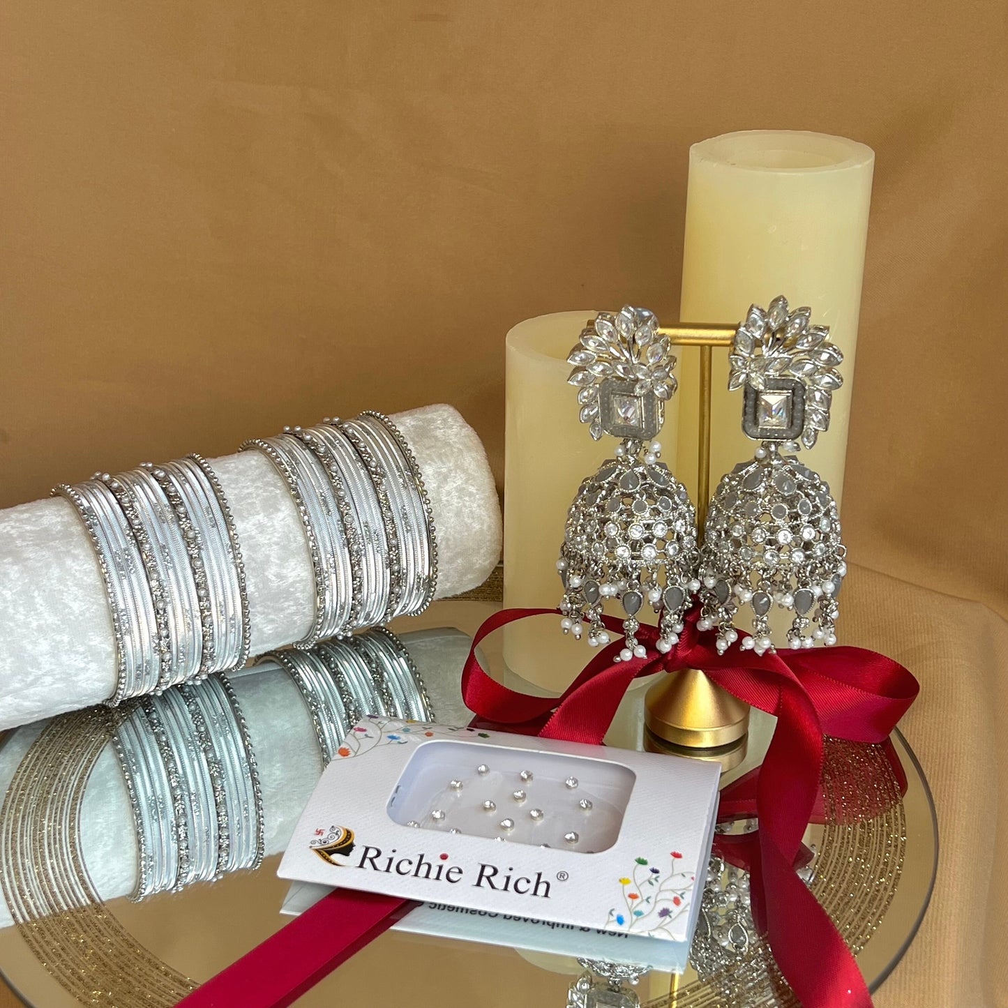 Gift Set For Her - Silver/Grey Jhumka Earrings, Silver Small Bangles Set/Silver Bindi Pack/Indian Jewellery Gift Set/Valentines gifts