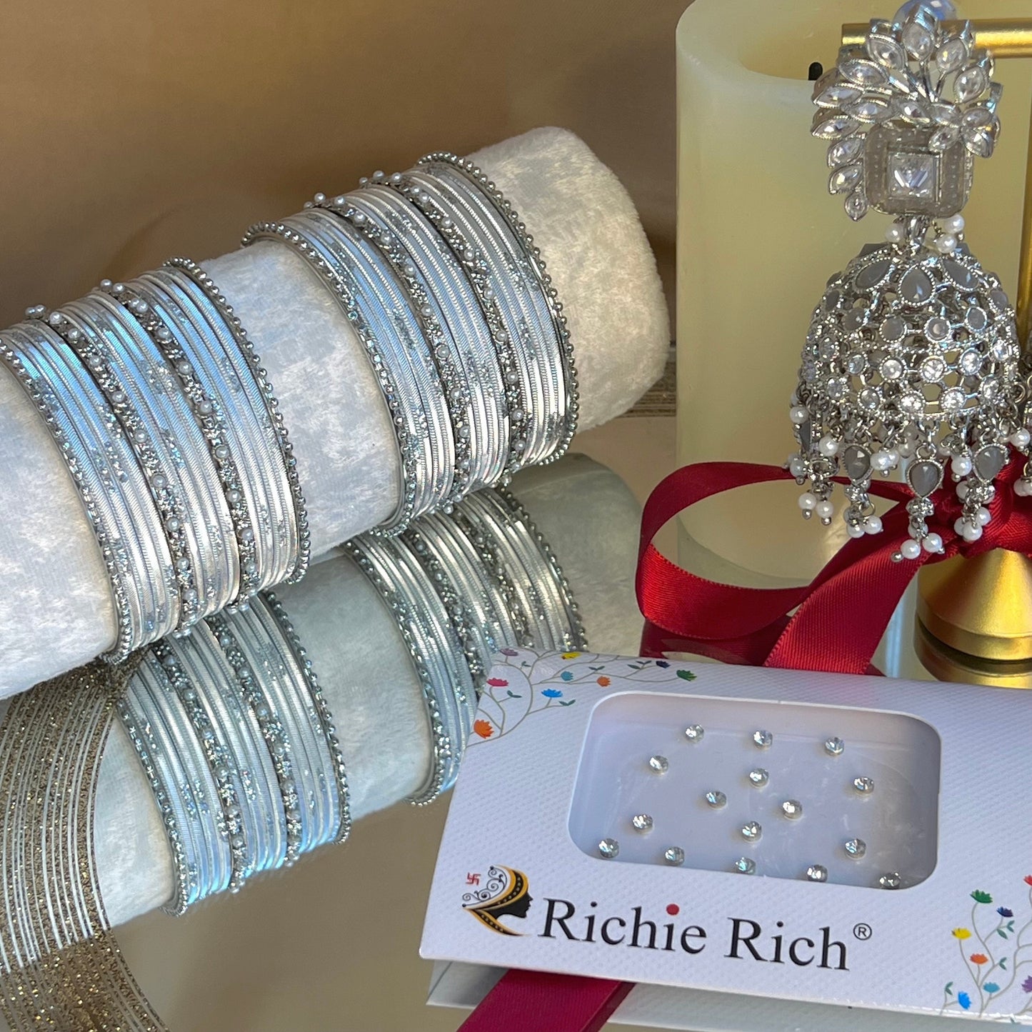 Gift Set For Her - Silver/Grey Jhumka Earrings, Silver Small Bangles Set/Silver Bindi Pack/Indian Jewellery Gift Set/Valentines gifts